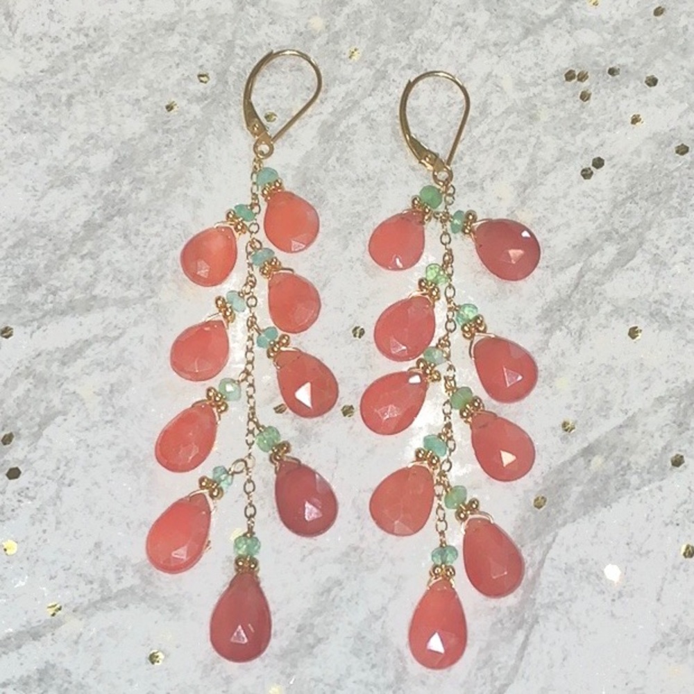 RHODOCROSITE, OPAL & 14KT YELLOW GOLD EARRINGS.